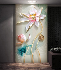 简约现代3d立体玄关壁纸5d莲花朵壁画走廊过道墙纸装饰画竖版墙布