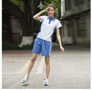 深圳校服中学女生短袖白色上衣蓝色短裤沙臣豹活力学生大码夏季套