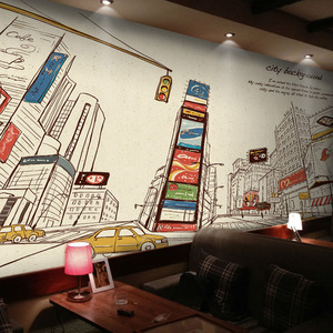 手绘城市街景墙纸餐厅咖啡厅墙布客厅酒吧3d壁纸欧式ktv个性壁画