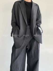 24春季韩国泡菜灰色宽松时尚复古后开衩扣子设计感西装外套女