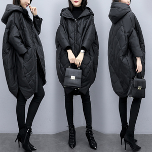 2023新款女装冬季宽松茧型中长款羽绒服女黑色连帽pu皮白鸭绒外套
