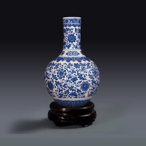 一世一屋景德镇手绘仿古青花缠枝莲纹天球瓶新中式插花装饰品摆件