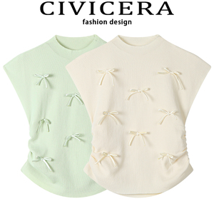 CIVICERA温柔风蝴蝶结短袖针织衫女夏季设计感褶皱修身小飞袖上衣