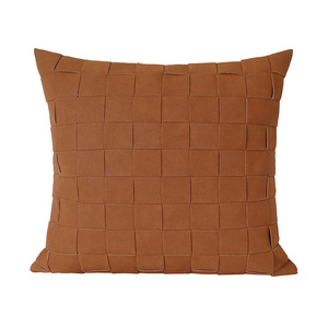 蓝梦格调样板房抱枕咖色棕色磨砂皮现代拼接手工创意工业风方靠垫