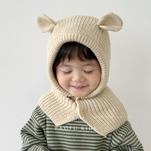 儿童帽子围巾一体超萌可爱小熊耳朵护肩帽秋冬季韩版保暖针织帽潮