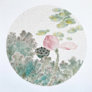 包邮原创手绘中国画没骨工笔写意重彩荷花荷叶无款熟宣卡纸00703