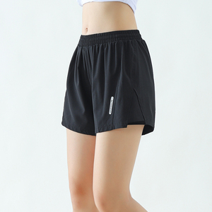 女式速干假两件运动短裤夏季黑色薄款高腰宽松三分跑步休闲健身裤