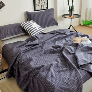日式条纹水洗全棉三层纱布盖毯夏季薄款纯棉盖被沙发毯午睡毛巾被