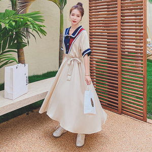 白色娃娃领连衣裙女2022夏季新款韩版收腰撞色拼接绑带高腰衬衫裙