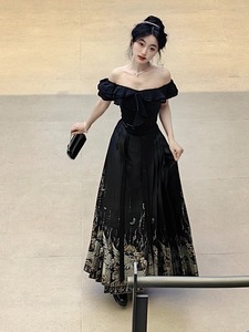新中式改良马面裙搭配上衣套装2024新款高腰小个子黑色半身裙女夏