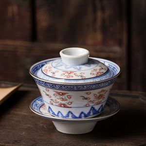 景德镇青花瓷八十年代老厂货玲珑盖碗家用茶具杯子茶具