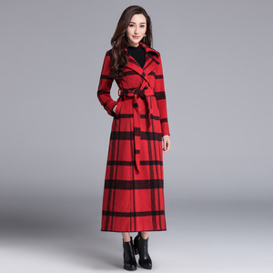 秋冬女装专柜羊绒大衣红色修身显瘦长款加厚羊毛格子毛呢外套过膝