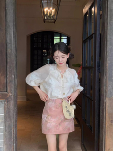 大码女装夏季新中式国风超好看刺绣泡泡袖衬衫包臀连衣裙两件套装