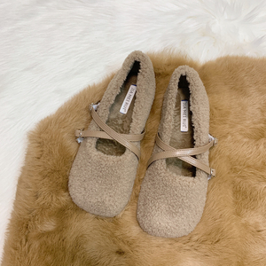 jiji studios气质软底加绒交叉带毛毛鞋女冬复古芭蕾舞孕妇棉鞋女