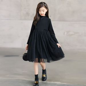 女童春款蓬蓬裙儿童公主裙连衣裙网纱黑色礼服裙子中长款中大童