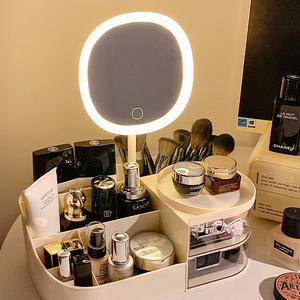 高级感桌面化妆品收纳盒带镜子梳妆台护肤品置物架化妆镜led带灯