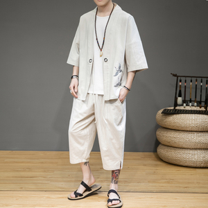 日式和服男夏季棉麻睡衣短袖汉服开衫道袍亚麻七分裤套装家居服潮