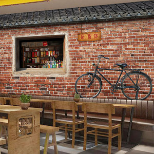 壁纸3d复古怀旧饭店餐厅串串香烧烤马路边边80年代装修墙纸0人付款33