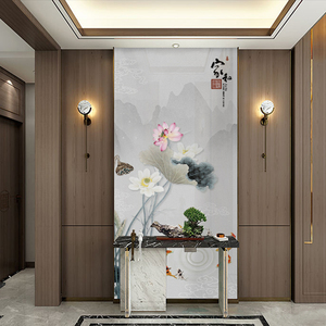 入户玄关壁纸壁画九鱼图走廊过道背景墙纸新中式水墨荷花无缝墙布