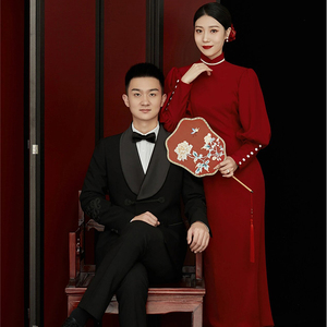 2024新款影楼拍照主题摄影服装复古新中式红色民国风法式婚纱礼服
