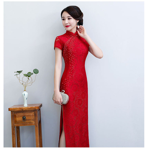 春秋新款手工缝珠蕾丝旗袍改良修身红色七分袖长款日常修身宴会