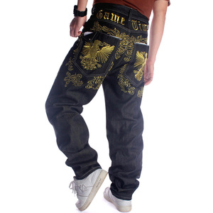 原色直筒长裤刺绣花街舞HIPHOP滑板潮男款式宽松嘻哈牛仔裤子大码
