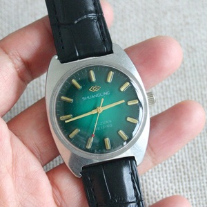 二手北京双菱牌男士手动机械手表 稀少绿色彩盘 20钻机芯 美品