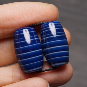 蓝色缠丝玛瑙一对 对珠勒子 天珠 桶珠 吊坠 配珠散珠小尺寸20mm