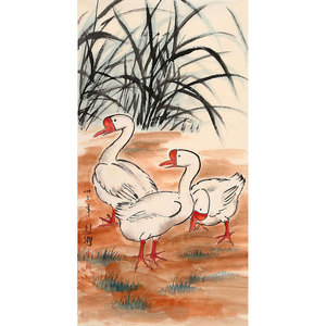 名家徐悲鸿国画字画纯手绘水墨花鸟书画鹅图三尺竖幅收藏带画册20