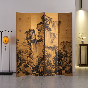 中式复古屏风客厅折叠山水金箔画遮挡玄关隔断办公室实木漆画定制