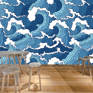 古典水纹浪花壁纸3d蓝色海浪衙门背景墙佛堂天花吊顶壁画装饰壁纸