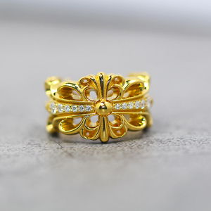 复古克罗心22k真金戒指 开口鸢尾花十字架满钻指环男女款大牌定制