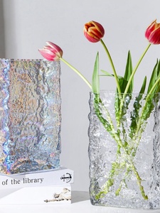 北欧ins风玻璃花瓶锤纹冰川扁方形水养鲜花干花插花餐桌摆件装饰