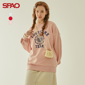 spao女装春季款复古圆领休闲时尚简约舒适气质印花卫衣上衣女