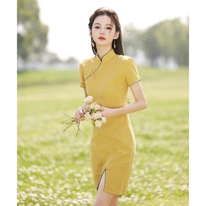 黄色棉麻旗袍夏季新款改良年轻款少女新中式连衣裙淡雅小清新短款