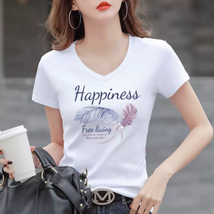 V领白色t恤女短袖纯棉2024夏季新款修身显瘦体恤衫韩版洋气上衣潮