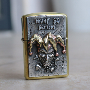 匠艺原创手工雕刻复古定制个性希斯莱杰纯银贴章扑克大王煤油火机