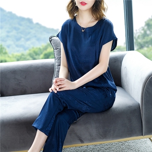 真丝套装女阔太太时尚两件套2020夏季宽松桑蚕丝短袖上衣九分裤潮