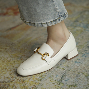 甘小曼中跟乐福鞋女金属单鞋真皮四季鞋青年懒人鞋复古英伦小皮鞋