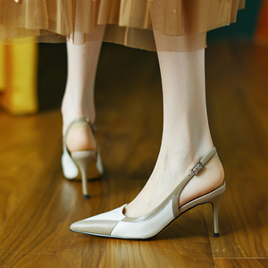 甘小曼撞色凉鞋女2022夏季新款尖头细跟后空真皮小单鞋时尚工作鞋