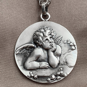 欧洲拉斐尔名画小天使原画重现纯银925高浮雕大尺寸3厘米男女吊坠