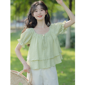 小清新薄荷曼波风绿色短袖衬衫女夏季小个子设计感法式娃娃衫上衣