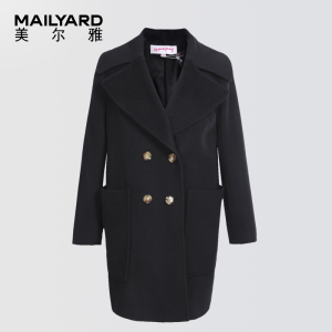 美尔雅女装中长款休闲宽松大衣 大翻领双排扣绵羊毛双面呢外套151