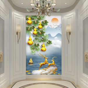 新中式五福临门玄关壁画招财纳福葫芦壁纸进门墙过道风水无缝壁布
