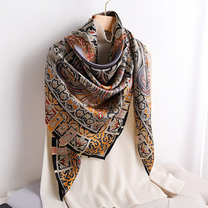 复古佩斯利花纹真丝大方巾女桑蚕丝丝巾春秋冬季羊绒围巾披肩两用