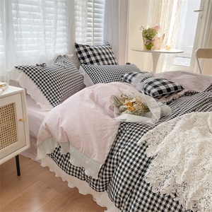 【富山草莓】韩式仙气雪纺全棉水洗棉四件套纯棉黑白格子床上用品