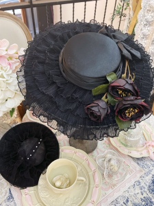 洛佩斯小姐lolita黑色扁帽丝绸缎面vintage礼帽宫廷法式华丽原创