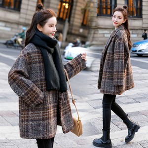 冬季中长女韩版格子学生大码宽松妮子毛呢子大衣外套夹棉加棉加厚