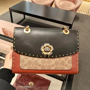 coach/蔻驰女包山茶花单肩斜挎手提包复古柳钉链条真皮翻盖小方包