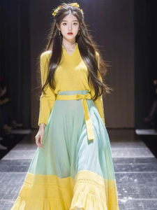 国风黄色毛衣裙女秋冬新中式改良汉服元素针织连衣裙古着两件套装
